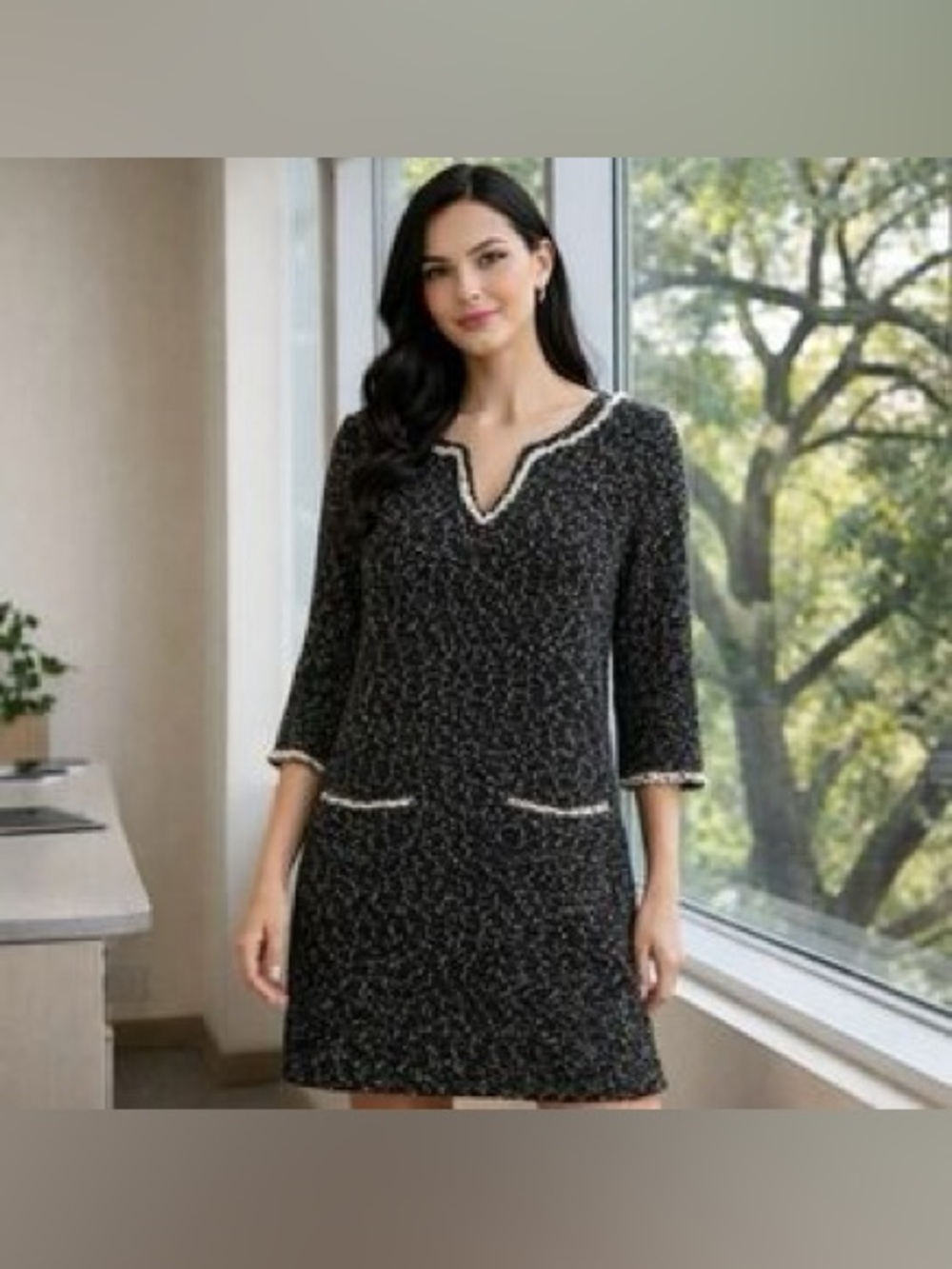 Max Studio Women's V-Neck Tweed Shift Dress in black and white